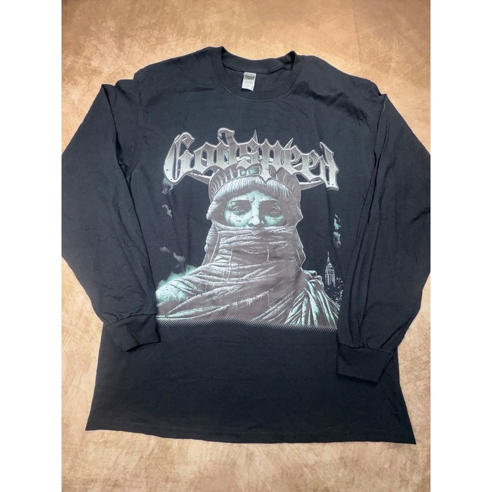 NEW Godspeed Statue of Liberty Print Short sleeve Mens Washed black Tshirt Large